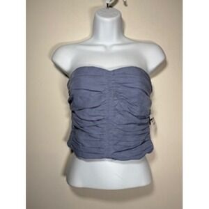 SOVERE Nouvelle Bustier Ruched Strapless Top Small Blue Linen Blend Smocked NEW